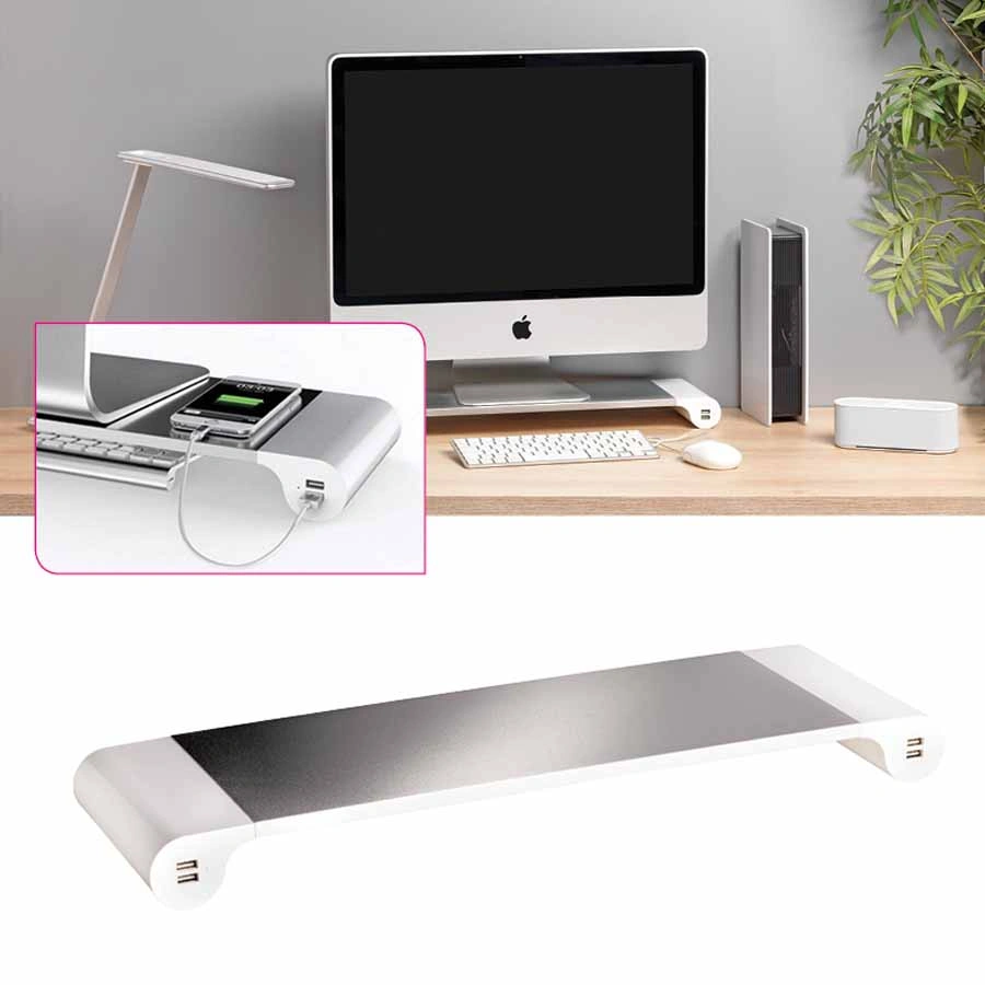 www.PARTNERPAPES.pl - Podstawka pod monitor Unilux Study biało-srebrna, wymiary 55,3 x 16,8 x 5 cm, 4 porty USB
